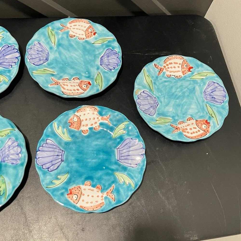 La Musa Italy Set of 7 Hand Painted Fish Seashell 8 inch Salad Dessert Plates